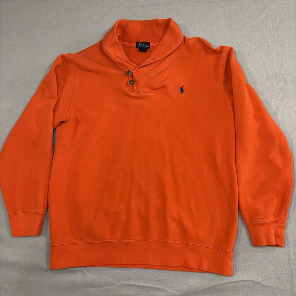 Polo Ralph Lauren Shawl Collar Sweater Orange Pony Logo Youth XL Fits Men Small